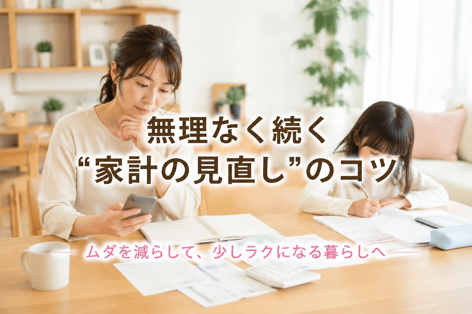 家計簿や電卓を使いながら家庭の支出を見直す母親の様子