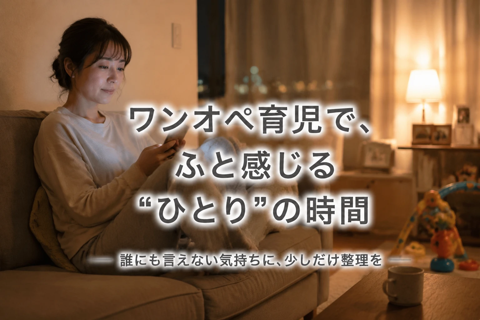 ワンオペ育児中の母親が夜に一人でスマートフォンを見ながら孤独を感じている様子