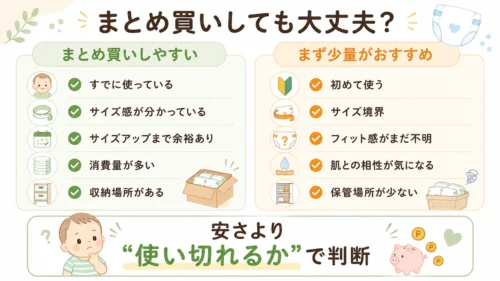 Genki!おむつをまとめ買いするか少量から試すか判断するチェック図