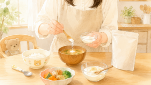 子どもの食事に無味無臭の栄養パウダーを混ぜるイメージ