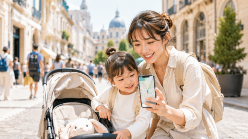 子連れ海外旅行でGoogleマップを使う親子のイメージ