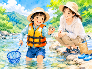 川遊びでライフジャケットを着用した子ども