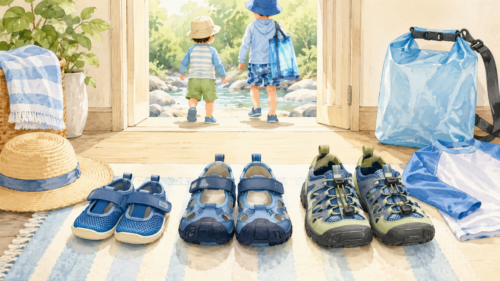 2歳から小学生まで年齢別に川遊び用の靴を選ぶイメージ
