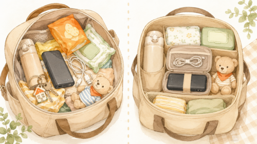 モバイルバッテリーをバッグにそのまま入れる場合とケース収納の比較