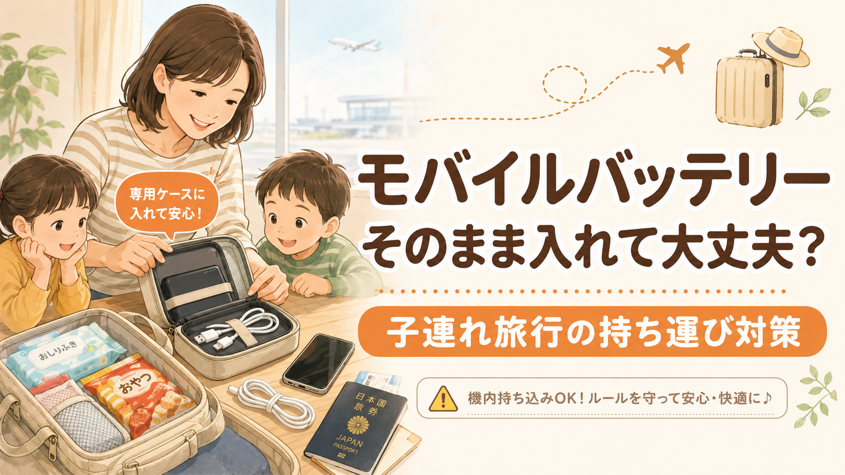 子連れ旅行でモバイルバッテリーをバッグにそのまま入れずケースで安全に持ち運ぶイメージ