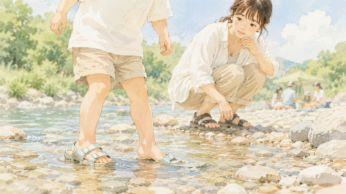 川遊びで子どもの靴が脱げそうになり不安を感じる場面