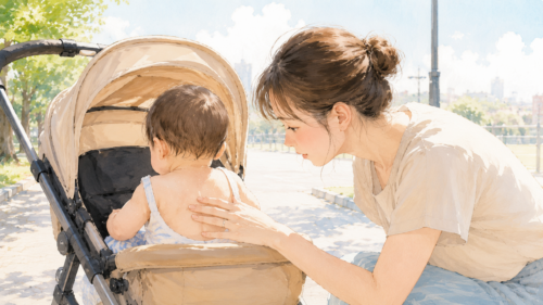 夏のベビーカーで赤ちゃんの背中汗が気になる様子