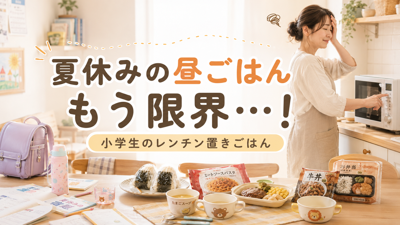 夏休みの小学生向けレンチン置きごはんをイメージしたアイキャッチ画像