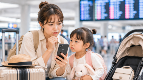 海外旅行先で通信が繋がらず困る親子のイメージ