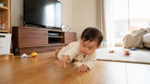 ハイハイ中の赤ちゃんが転びそうな家庭内の様子