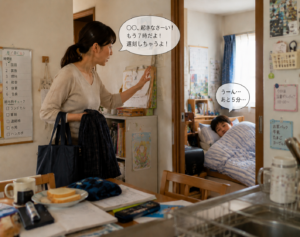 朝起きない小学生に声をかけるママの様子