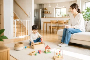 家庭内事故防止対策が整い子どもが安心して遊ぶリビング
