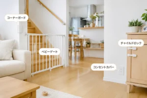 家庭内事故を防ぐための安全グッズが設置されたリビングの様子