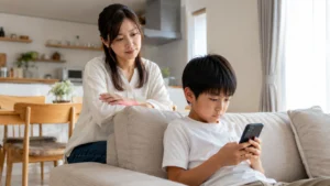 小学生のスマホ利用を保護者が心配しながら見守る様子