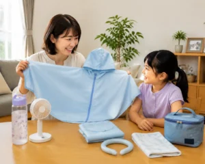 家庭で冷感アイスポンチョの使い方を説明する小学生ママと子どもの様子
