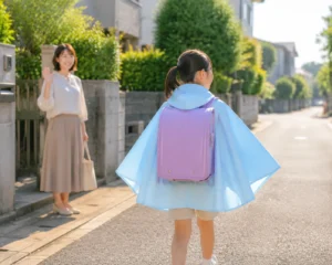 小学生が冷感アイスポンチョを使って夏の暑い中を登校している様子