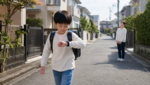 小学生がスマートウォッチを着けて登校する様子