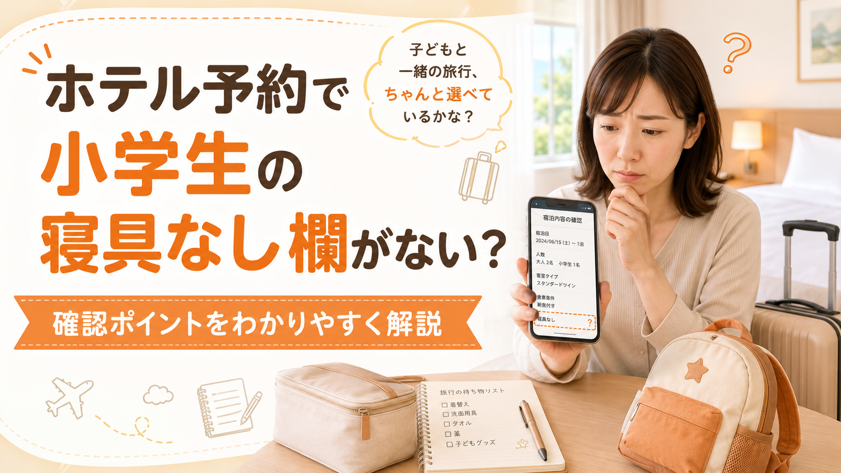 ホテル予約で小学生の寝具なし欄がないときの確認ポイント