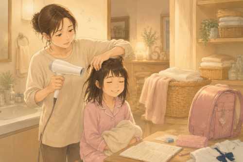 小学生の女の子の髪を乾かすママの様子