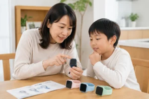 親子で小学生向けスマートウォッチを選んでいる様子