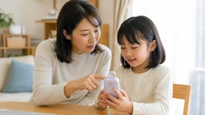小学生向け見守りスマホを親子で確認している様子