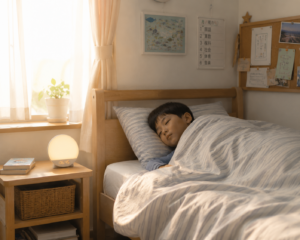 小学生の寝室に置いた光目覚まし時計のイメージ
