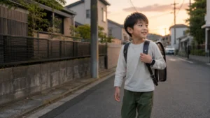 小学生がmyFirst Foneをつけて登下校し親がGPSで見守る安心できるイメージ