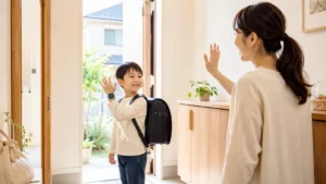 myFirst Fone M1を小学生が登校前に着けているイメージ