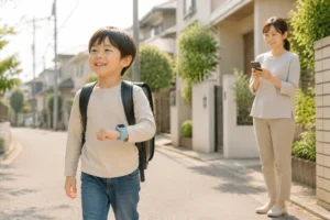 myFirst Fone S4を着けて登校する小学生の見守りイメージ