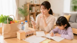 OniGOを利用するか買い物リストを確認する小学生ママのイメージ画像