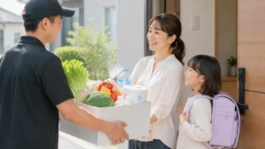 OniGOで食材や日用品を受け取る共働きママのイメージ画像