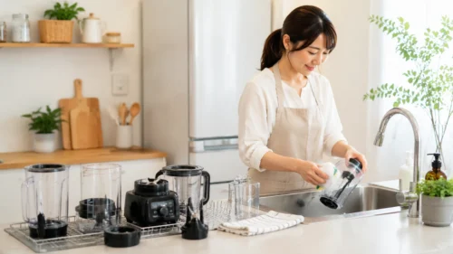 ミキサーを洗って片付ける家庭のキッチンイメージ