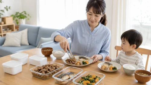 冷蔵で届いた主菜と副菜を家族の食事量に合わせて取り分ける様子