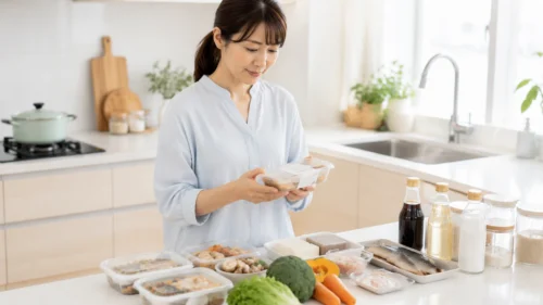 宅配惣菜の原材料表示と使用されている食材を確認する保護者
