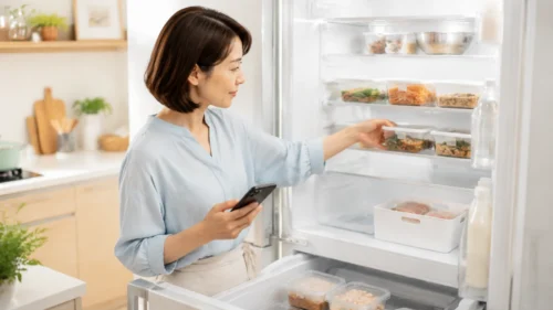 数日分の冷蔵惣菜を冷蔵庫に整理して食べる順番を確認する保護者