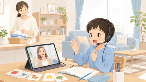 自宅のタブレットでオンライン英会話を受講する小学生