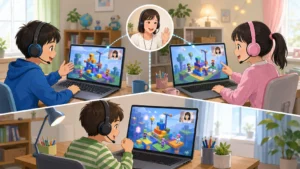 少人数グループでゲームをしながら英語で協力する子どもたち