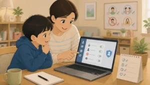 ゲーム英会話前に通話アプリの安全設定を確認する親子