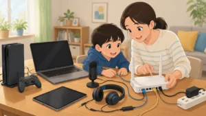 eスポーツ英会話に必要なゲーム端末と音声機材を確認する親子