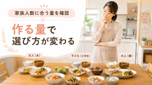 家族人数に合わせた料理量を確認する小学生家庭の食卓イメージ