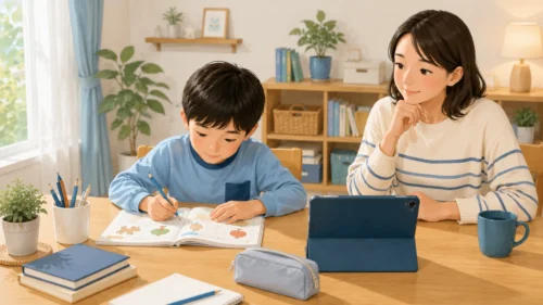 ワークブックとオンライン教材で英語の宿題に取り組む子ども