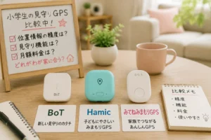 小学生GPSのBoT・Hamic・みてねみまもりGPSを比較するために並べたイメージ