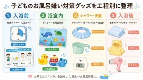 入浴前・洗髪・浴室内・入浴後に分けた子どものお風呂グッズ