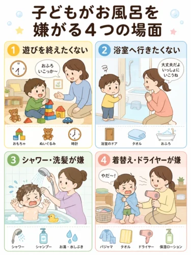 子どもがお風呂を嫌がる場面を確認する図