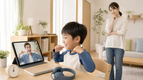 オンライン英会話の無料体験後に子どもの反応を確認する保護者