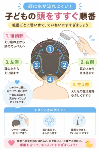 顔に水がかかりにくい子どもの髪のすすぎ順