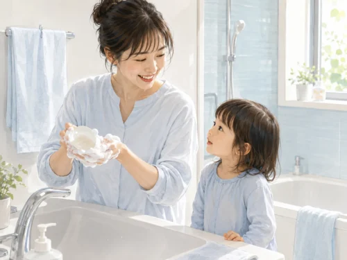 親が蒟蒻しゃぼんを泡立てる様子を子どもが見ているお風呂の場面