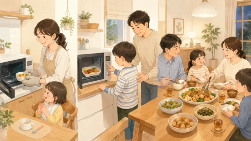幼児・小学生・家族全体の利用場面に合わせて宅配食を選ぶ様子