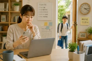 小学生の帰宅をGPSで確認して安心する母親の様子
