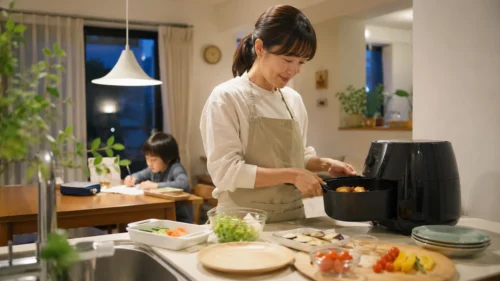小学生の子どもがいる家庭でエアフライヤーを使って夕食準備をする母親